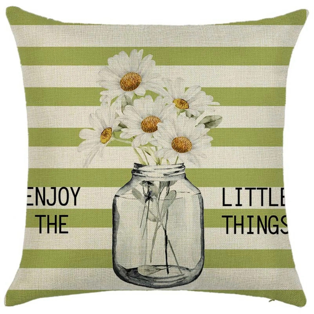 Flower And Stripes Pattern Pillow Cover In Beige And Green